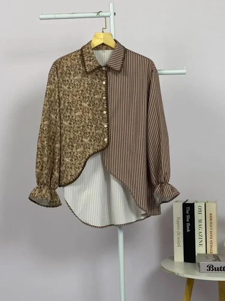 ASAYA Kemeja campuran garis motif bunga retro