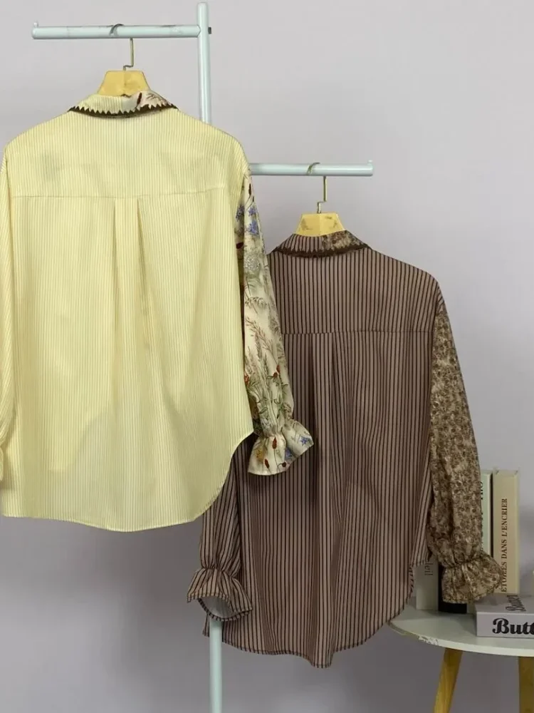 ASAYA Kemeja campuran garis motif bunga retro