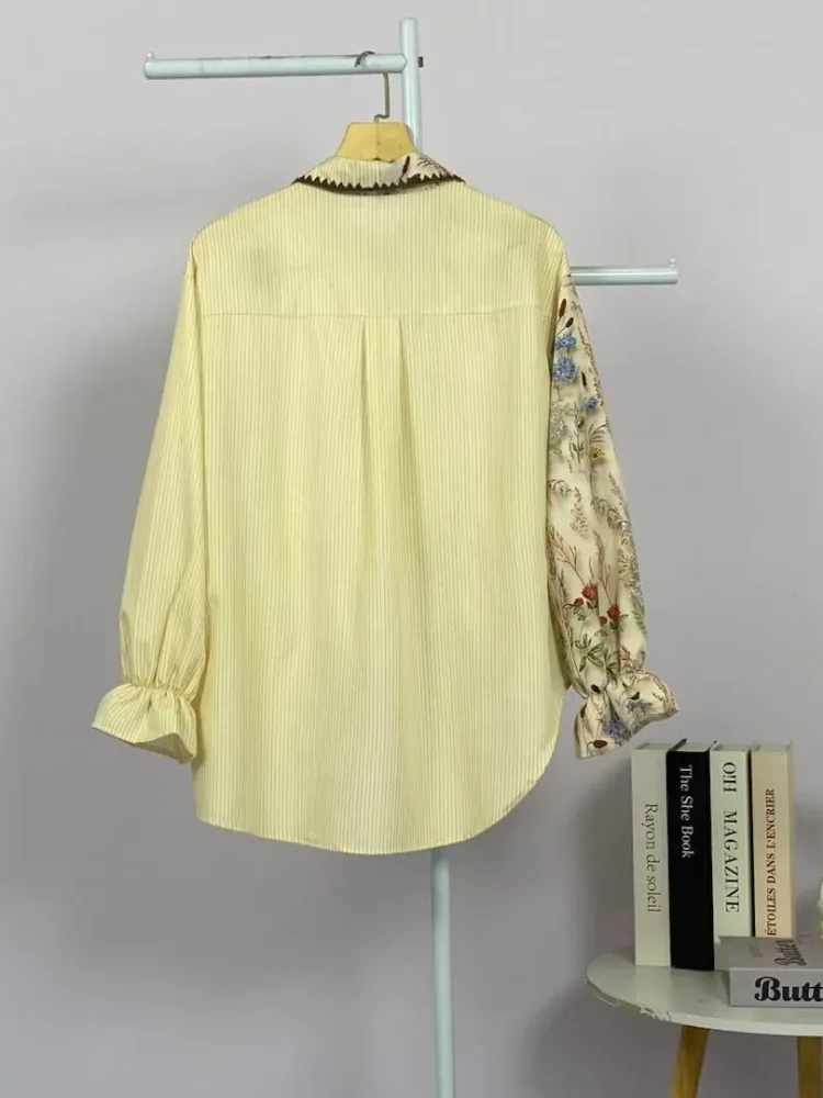 ASAYA Kemeja campuran garis motif bunga retro