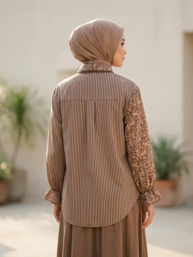 ASAYA Kemeja campuran garis motif bunga retro