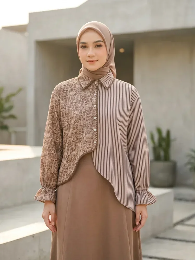 ASAYA Kemeja campuran garis motif bunga retro