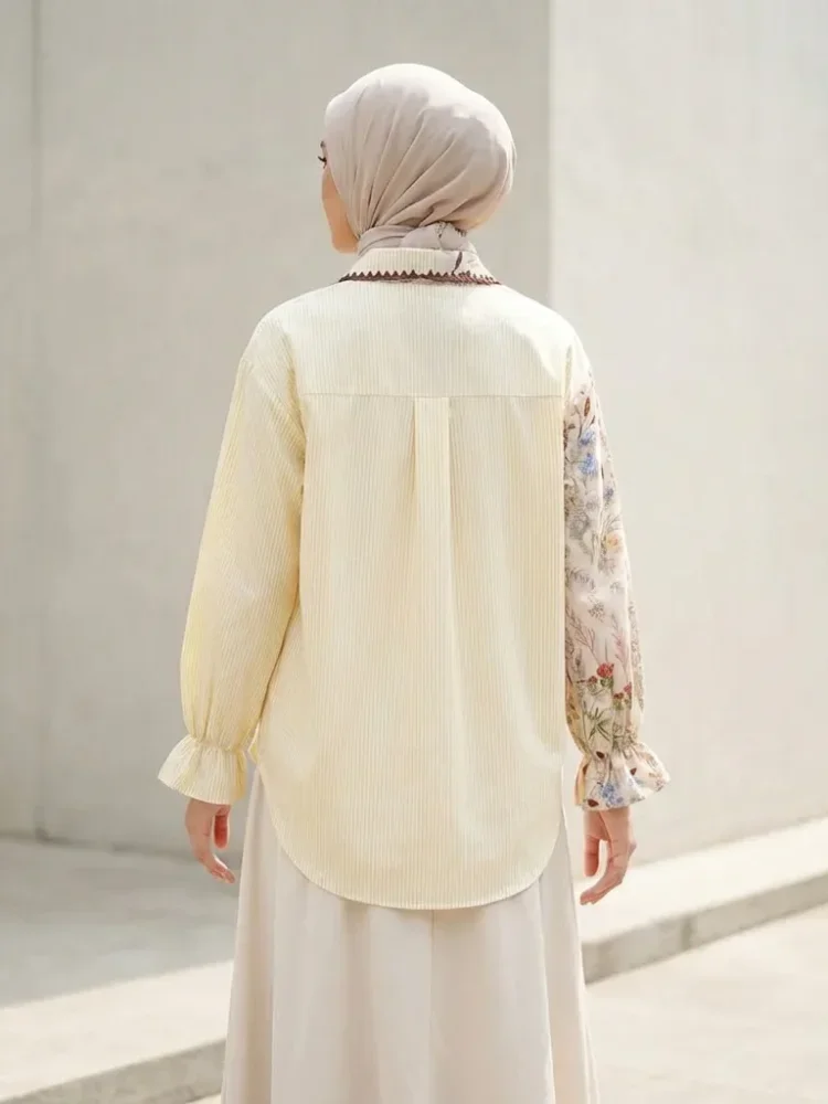 ASAYA Kemeja campuran garis motif bunga retro