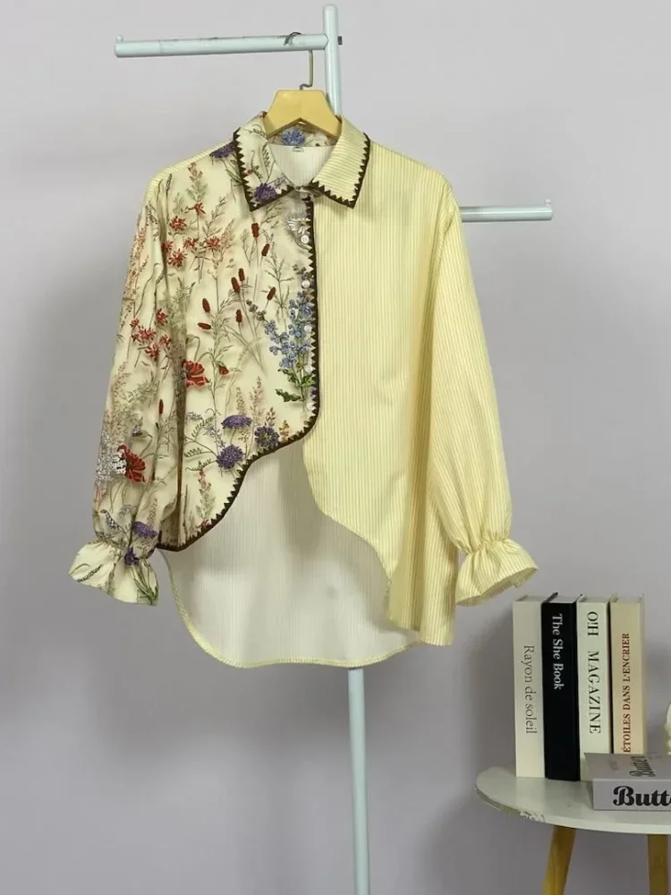 ASAYA Kemeja campuran garis motif bunga retro