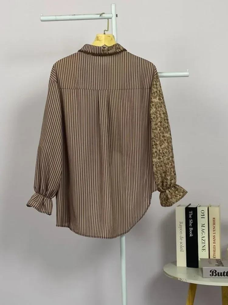 ASAYA Kemeja campuran garis motif bunga retro