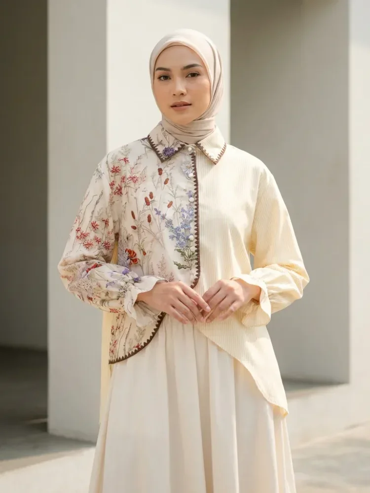 ASAYA Kemeja campuran garis motif bunga retro