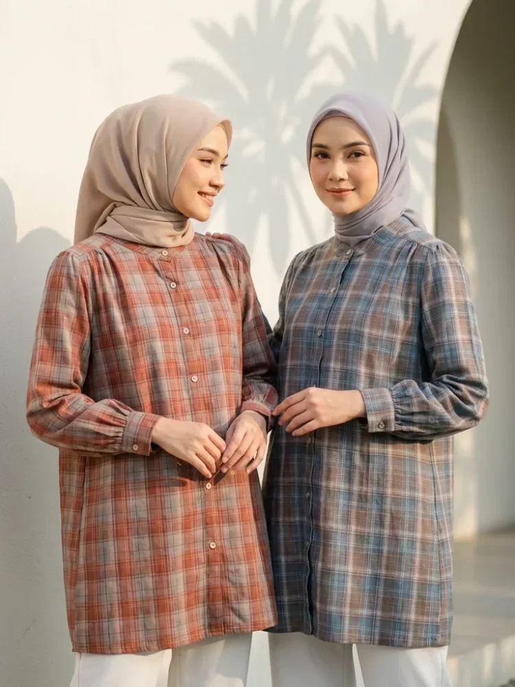 ASAYA Atasan kemeja lengan panjang  elegan longgar kasual cetak