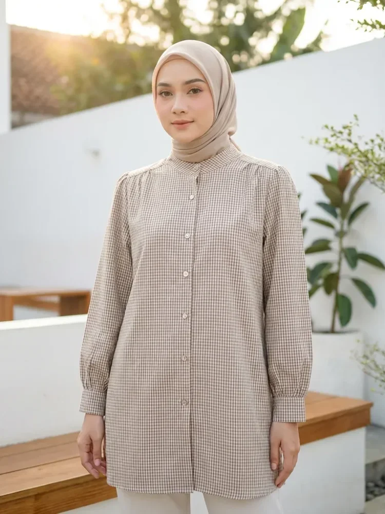 ASAYA Atasan kemeja lengan panjang  elegan longgar kasual cetak