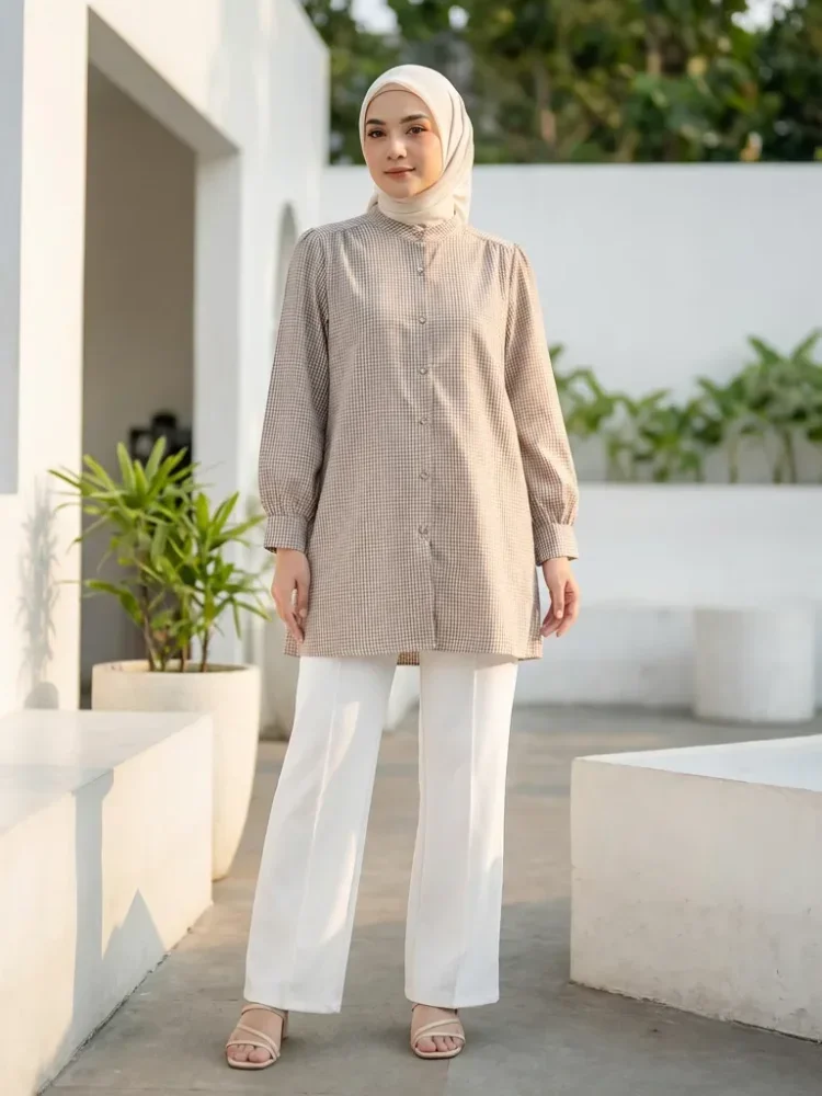 ASAYA Atasan kemeja lengan panjang  elegan longgar kasual cetak