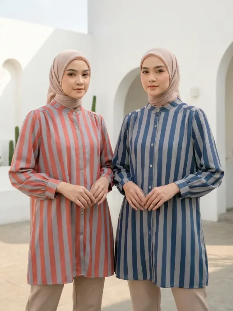 ASAYA Atasan kemeja lengan panjang  elegan longgar kasual cetak