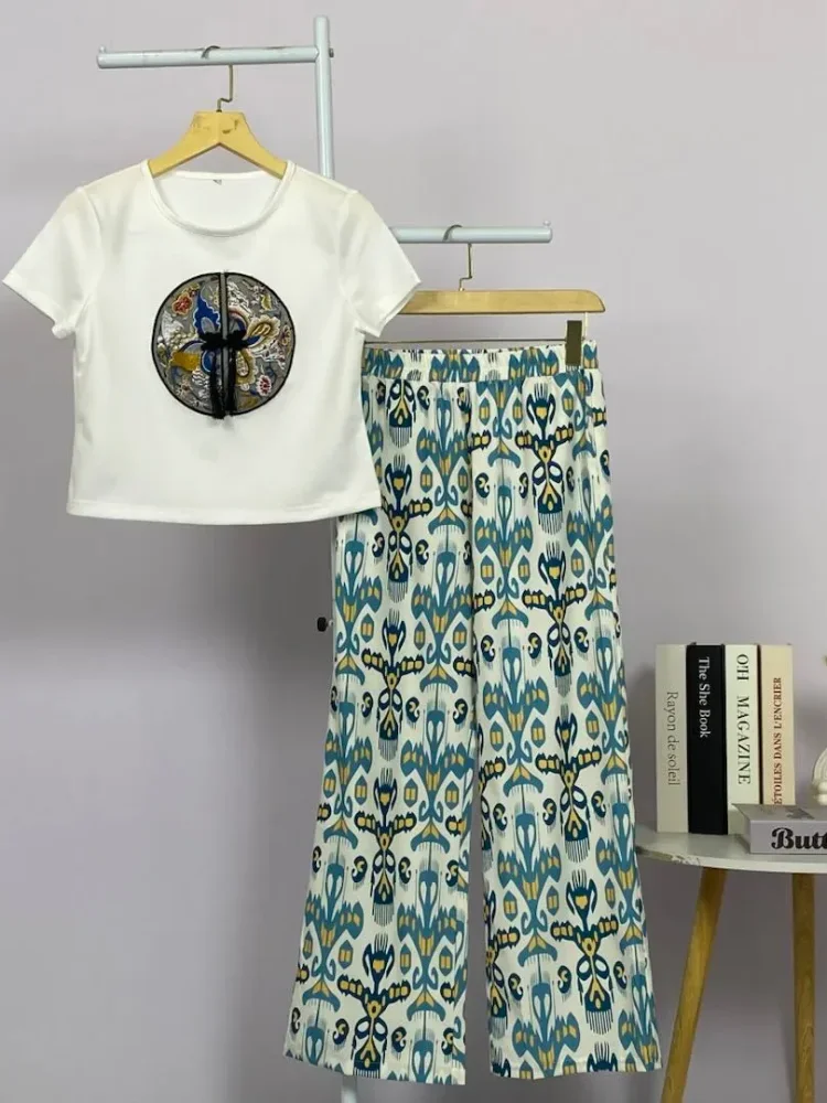 FADFAD Setelan wanita atasan lengan pendek minimalis dan celana panjang high waist motif cetak