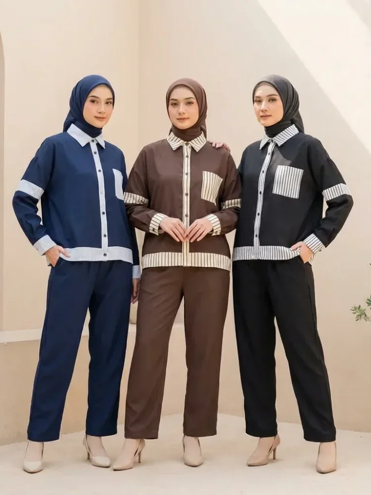 [DISKON KILAT]ASAYA Setelan dua potong wanita baru, kemeja tambal sulam bergaris dan celana panjang