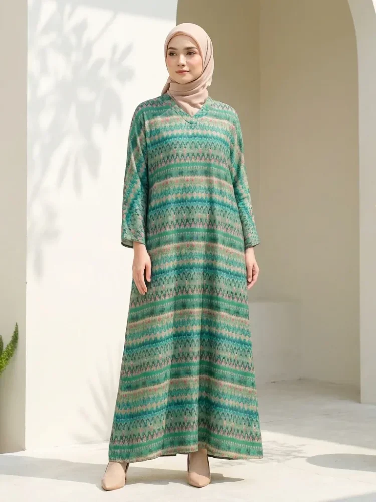 [DISKON KILAT]ASAYA Gaun panjang longgar kasual tipis bermotif dengan desain mode elegan