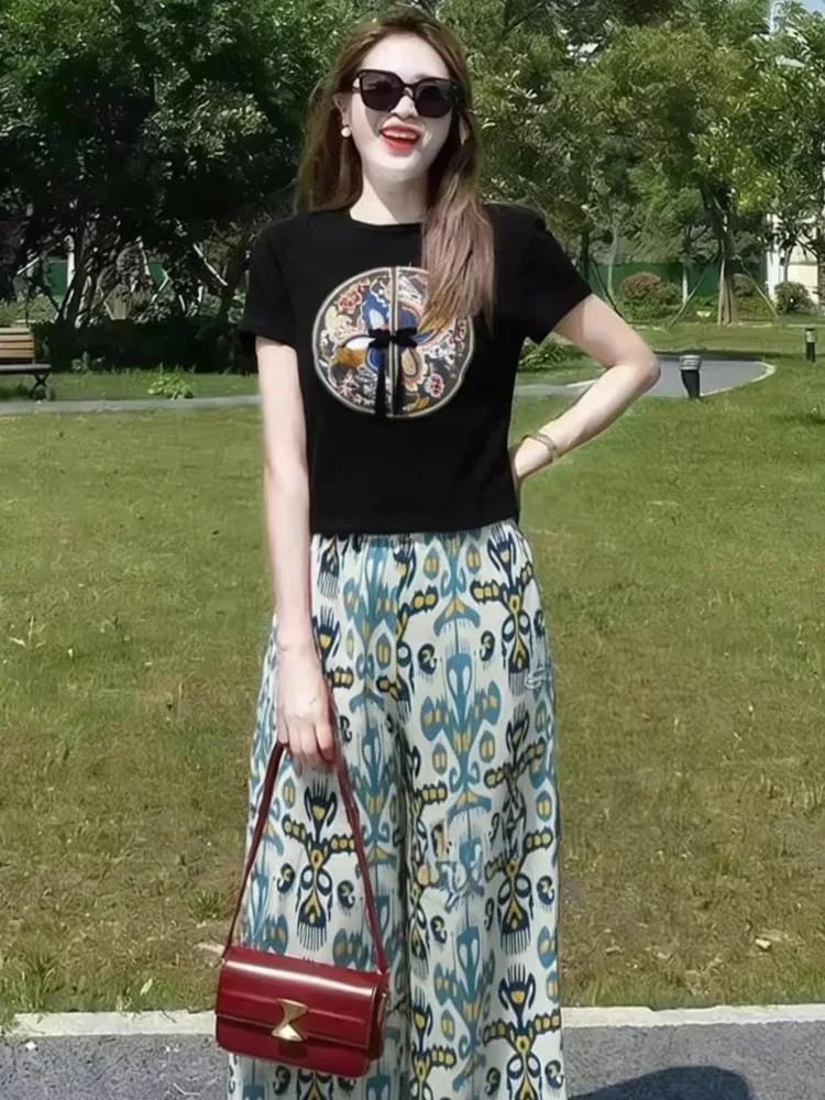 FADFAD Setelan wanita atasan lengan pendek minimalis dan celana panjang high waist motif cetak