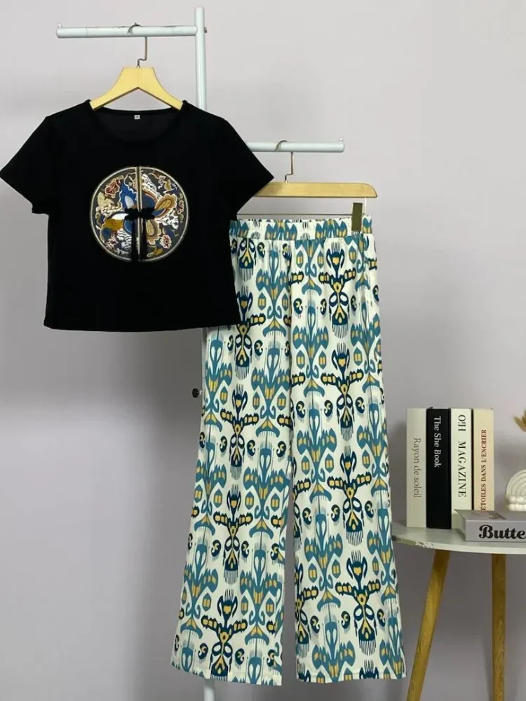 FADFAD Setelan wanita atasan lengan pendek minimalis dan celana panjang high waist motif cetak