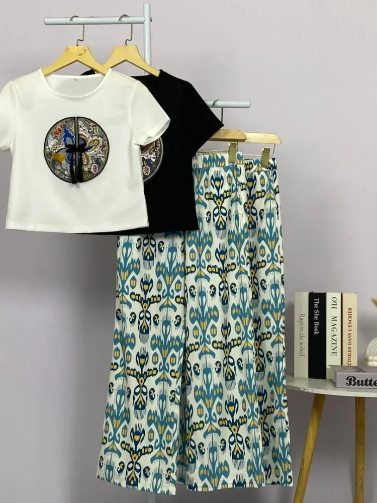 FADFAD Setelan wanita atasan lengan pendek minimalis dan celana panjang high waist motif cetak