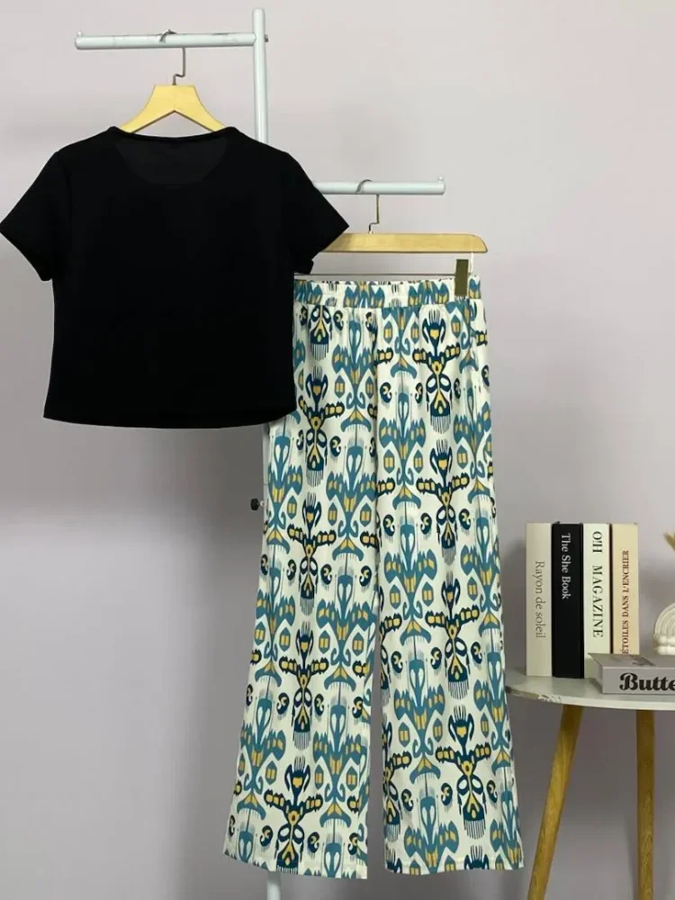 FADFAD Setelan wanita atasan lengan pendek minimalis dan celana panjang high waist motif cetak