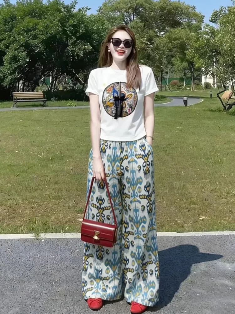 FADFAD Setelan wanita atasan lengan pendek minimalis dan celana panjang high waist motif cetak