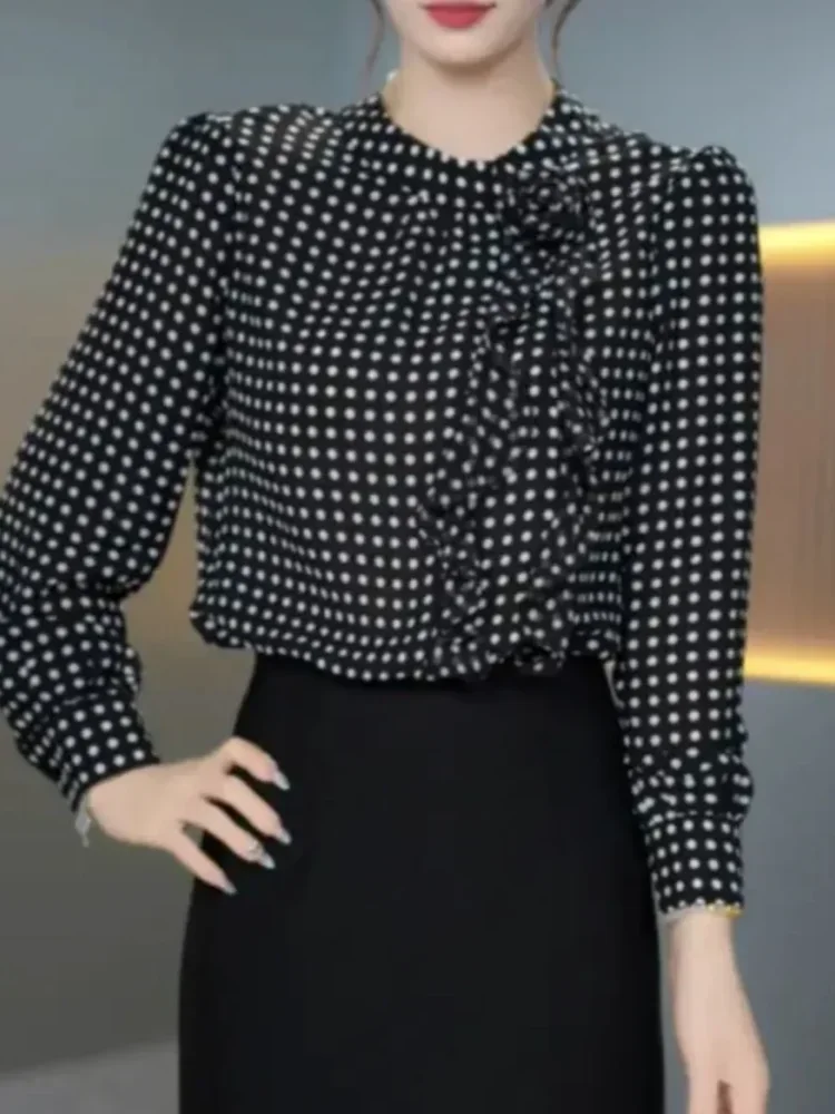 FADFAD Kemeja lengan panjang bermotif motif polkadot yang stylish untuk wanita
