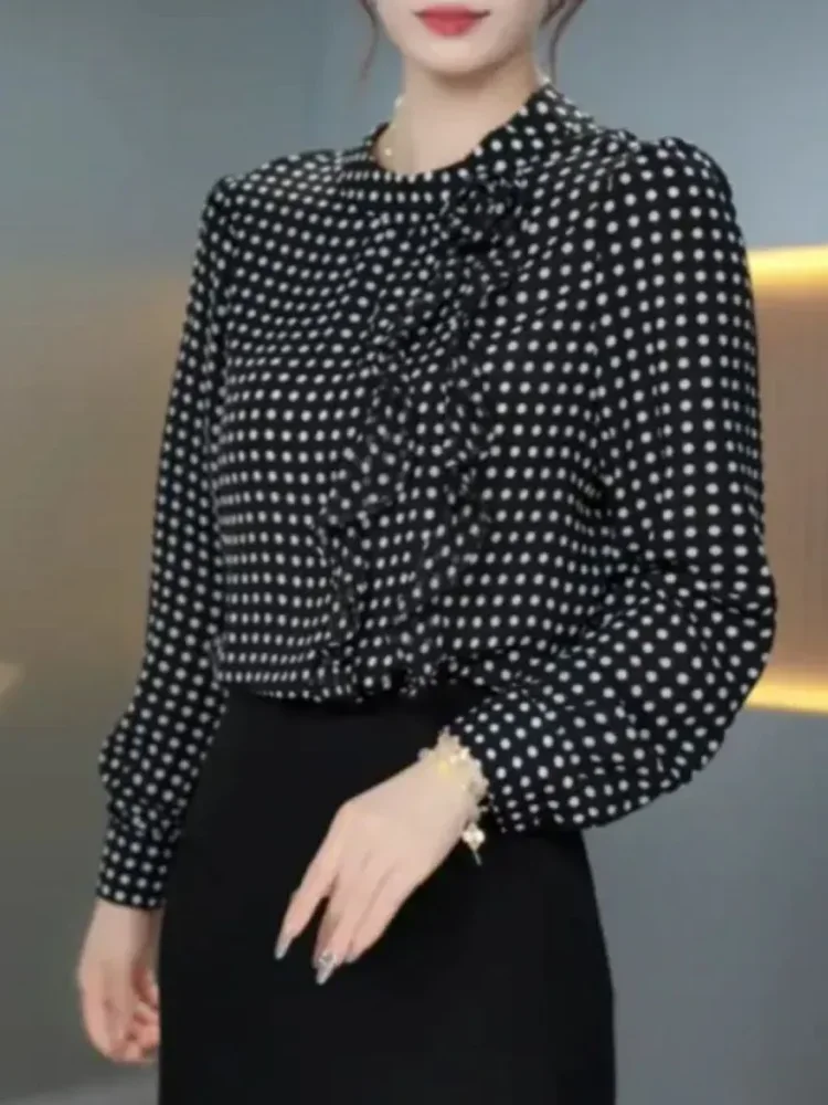 FADFAD Kemeja lengan panjang bermotif motif polkadot yang stylish untuk wanita