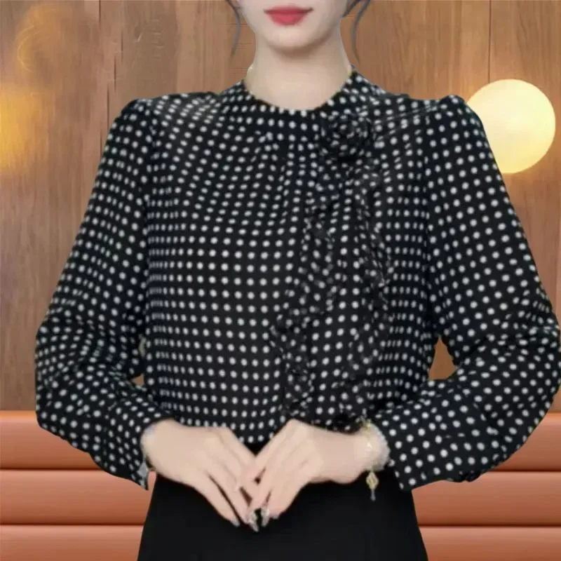 FADFAD Kemeja lengan panjang bermotif motif polkadot yang stylish untuk wanita