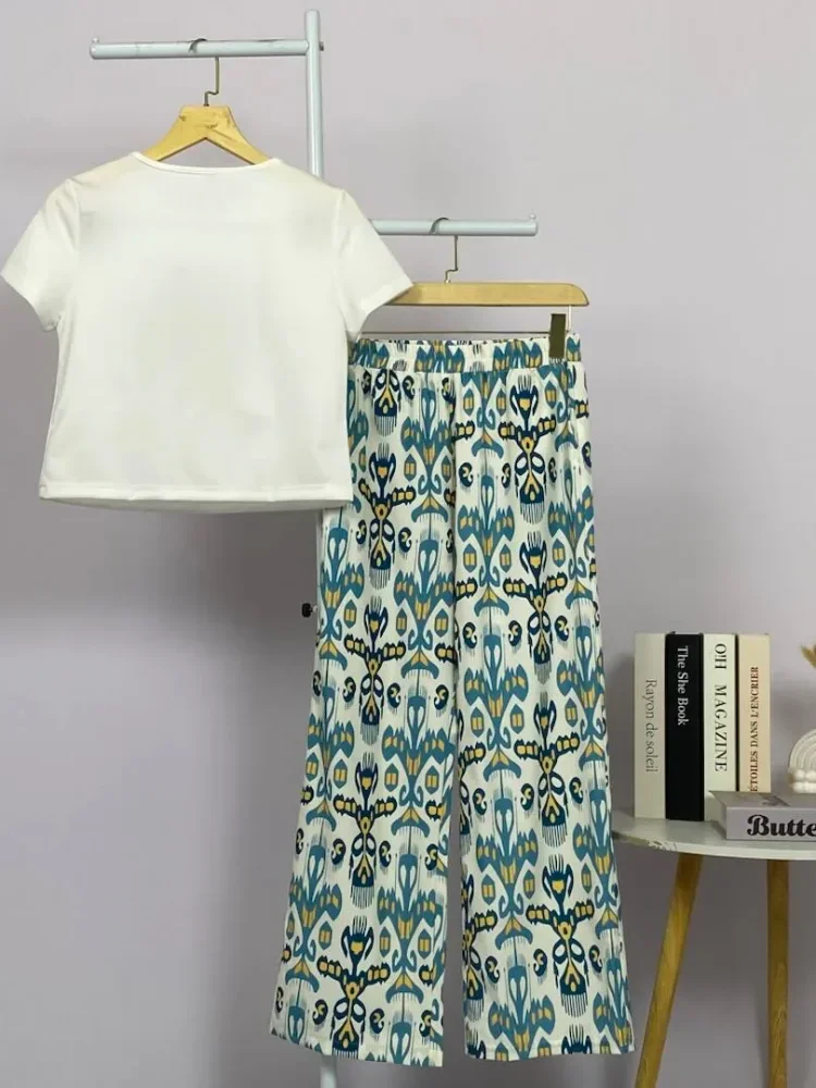 FADFAD Setelan wanita atasan lengan pendek minimalis dan celana panjang high waist motif cetak