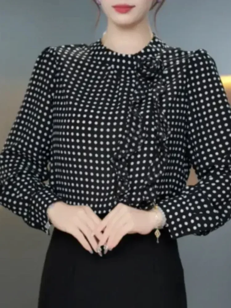 FADFAD Kemeja lengan panjang bermotif motif polkadot yang stylish untuk wanita