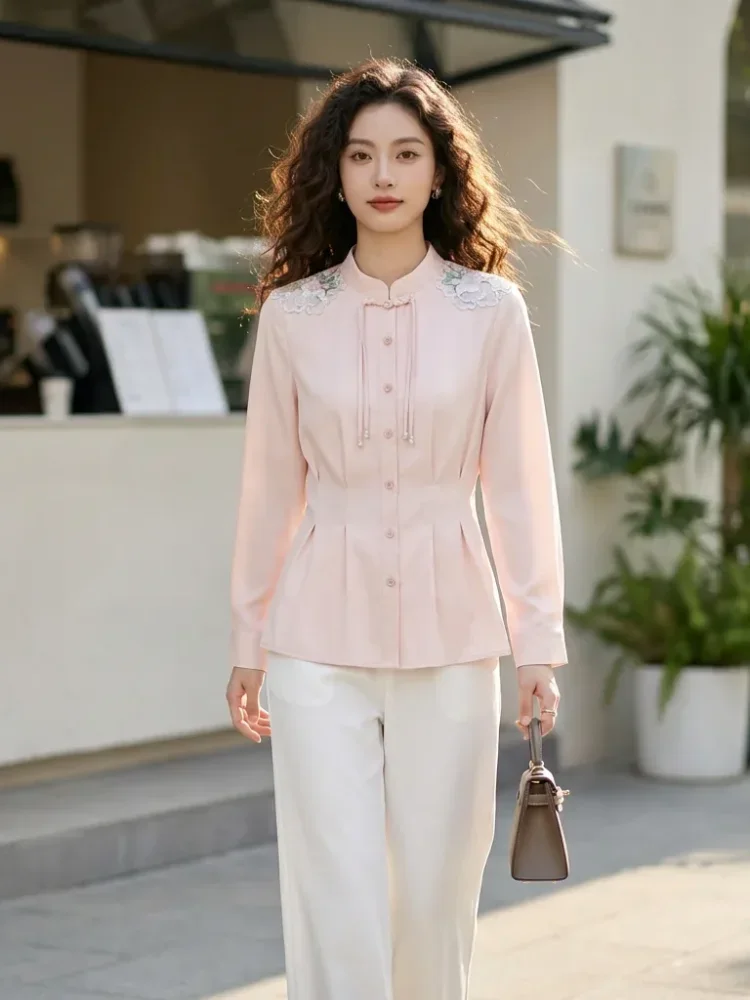 [DISKON KILAT]FADFAD Atasan wanita lengan panjang dengan desain bunga di bagian bahu dan pinggang pas.