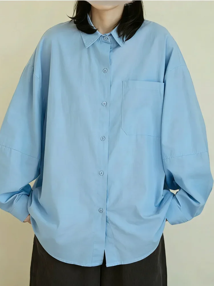 ASAYA Kemeja wanita longgar lengan panjang dengan kancing baris gaya casual