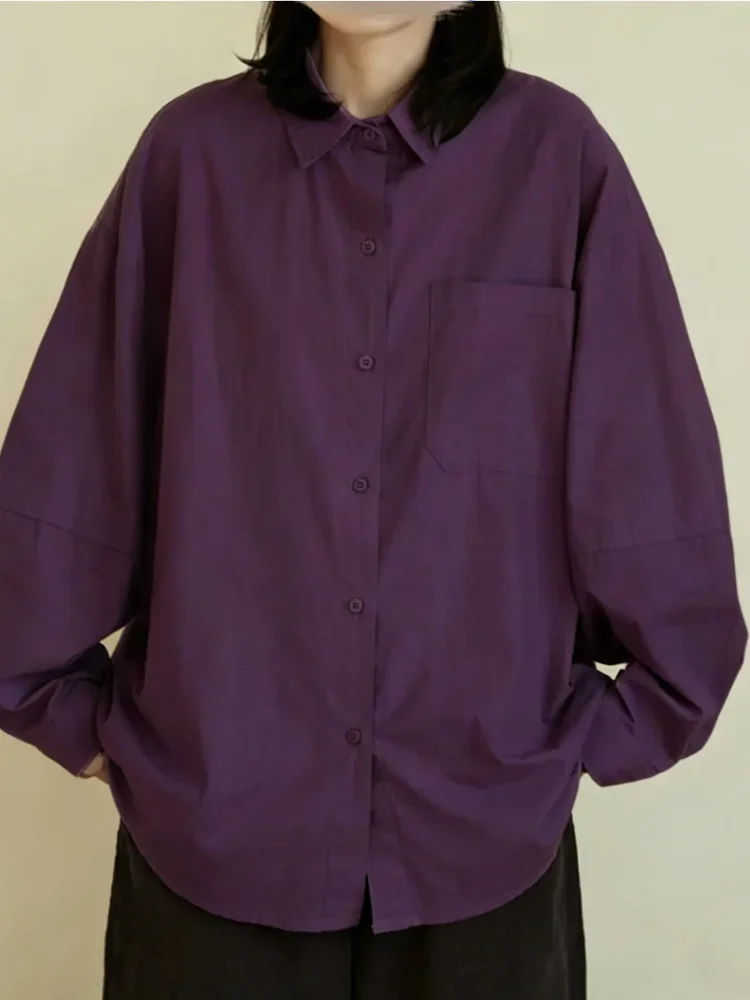 ASAYA Kemeja wanita longgar lengan panjang dengan kancing baris gaya casual