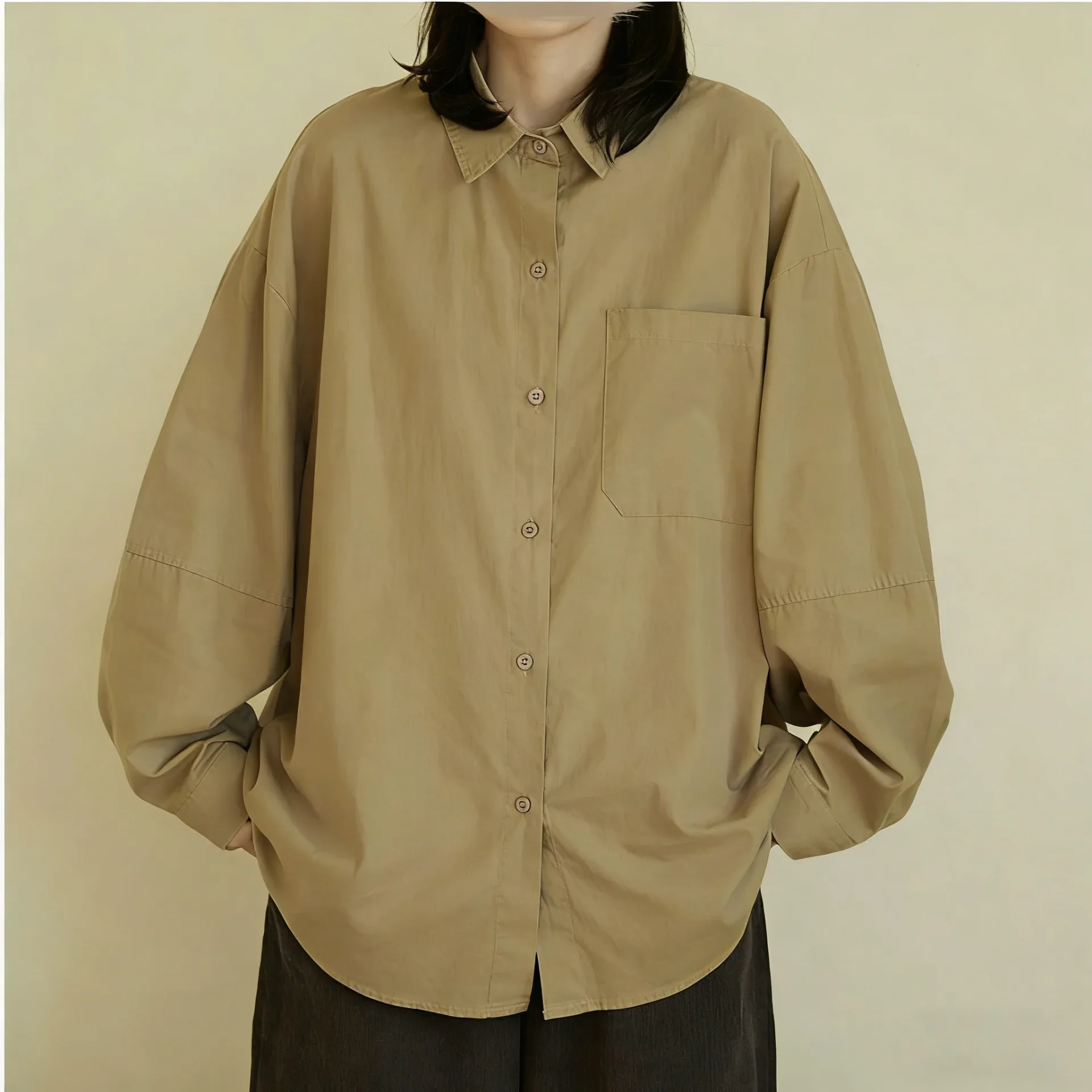 ASAYA Kemeja wanita longgar lengan panjang dengan kancing baris gaya casual