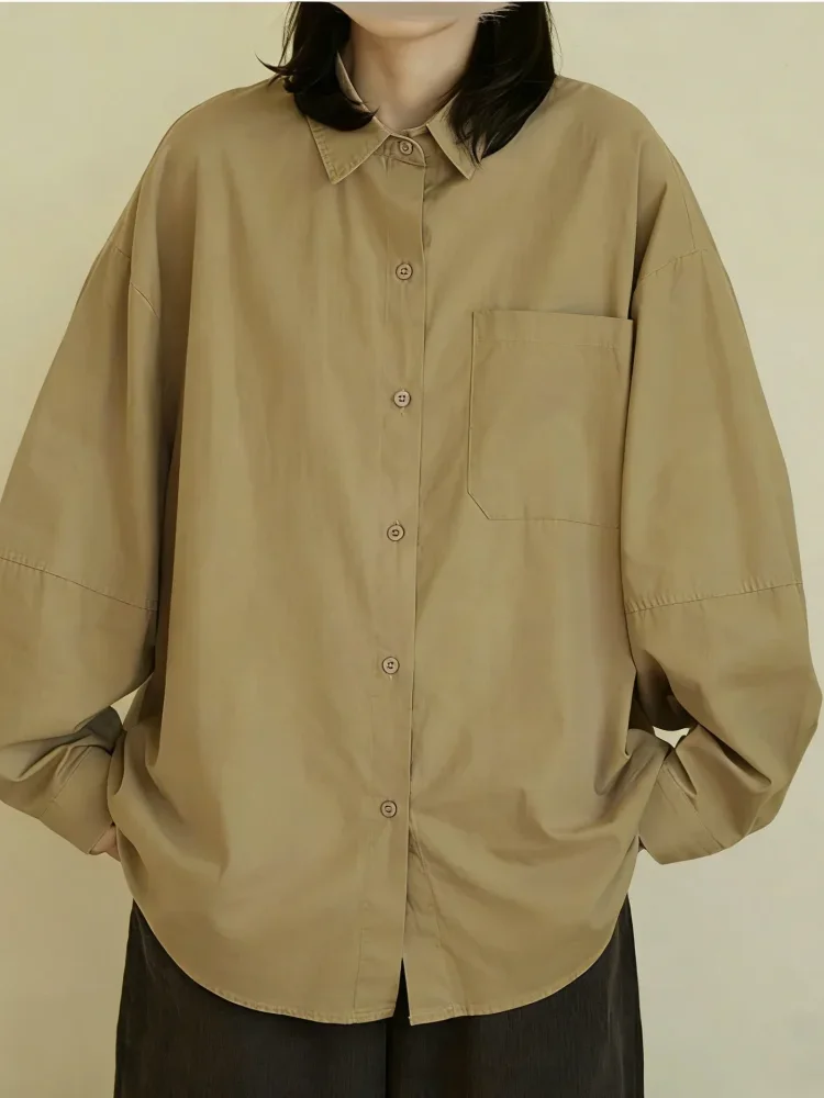 ASAYA Kemeja wanita longgar lengan panjang dengan kancing baris gaya casual