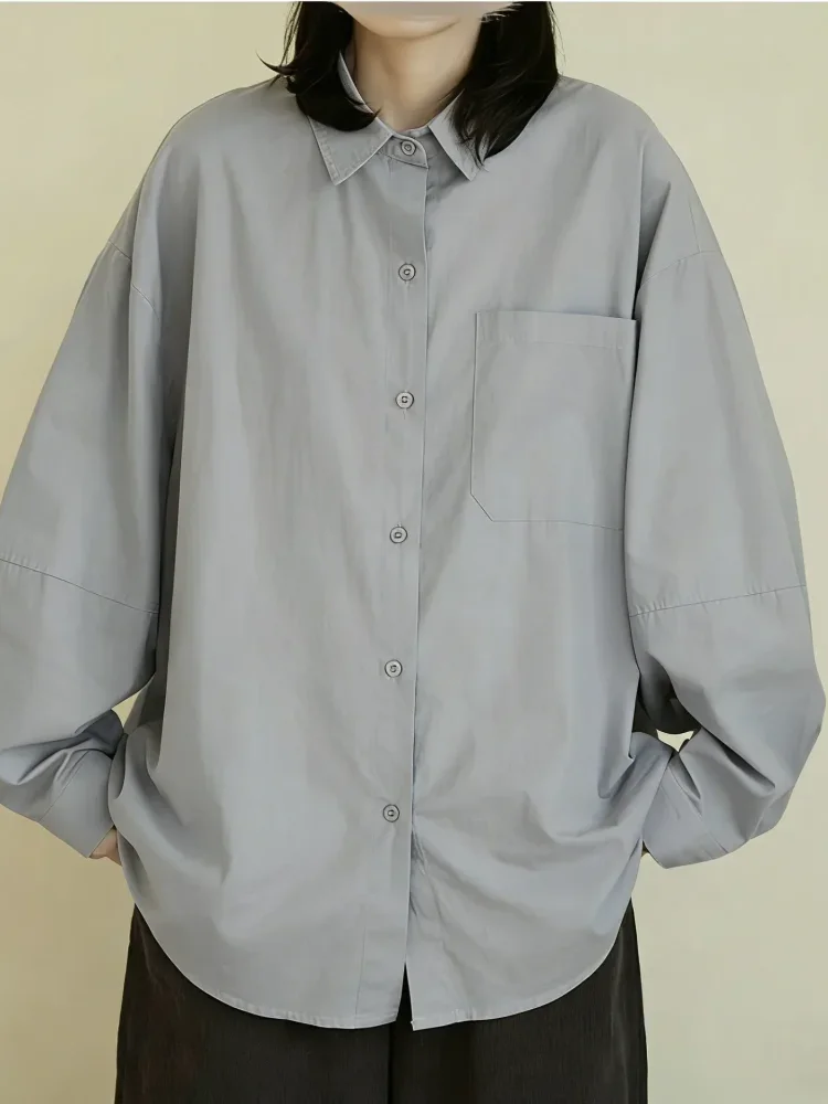 ASAYA Kemeja wanita longgar lengan panjang dengan kancing baris gaya casual