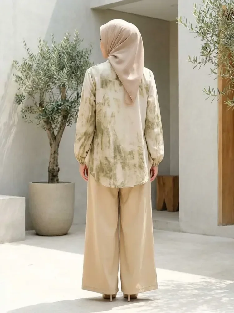 [DISKON KILAT]ASAYA Setelan dua potong wanita: atasan lengan panjang bermotif dan celana longgar