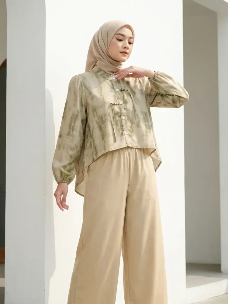 [DISKON KILAT]ASAYA Setelan dua potong wanita: atasan lengan panjang bermotif dan celana longgar