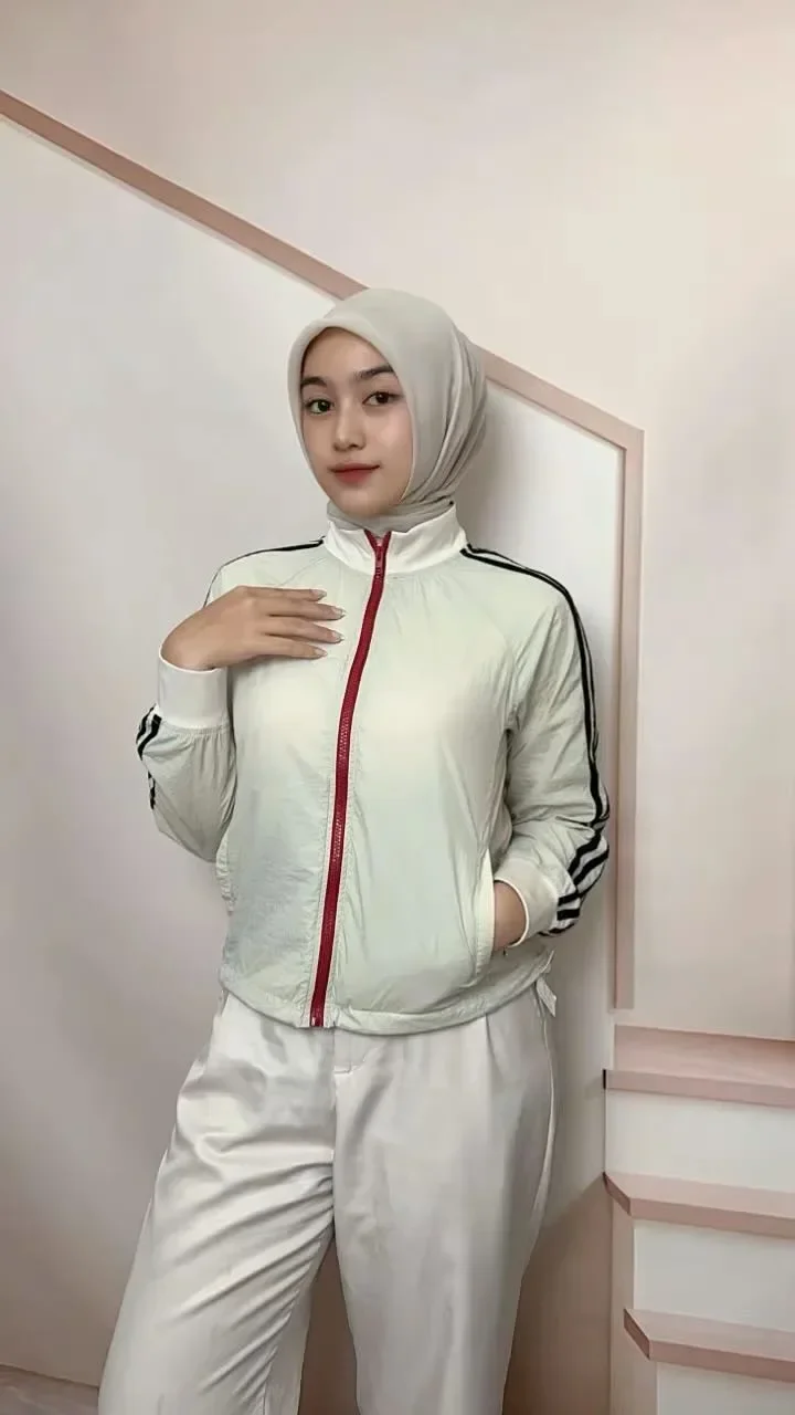 CHICMORE Atasan jaket lengan panjang longgar model warna kontras dengan risleting depan