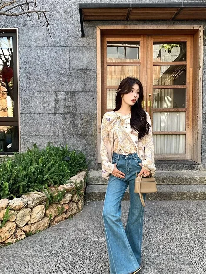 [DISKON KILAT]FADFAD Atasan kemeja dengan lengan panjang bermotif cetak gaya elegan unruk wanita