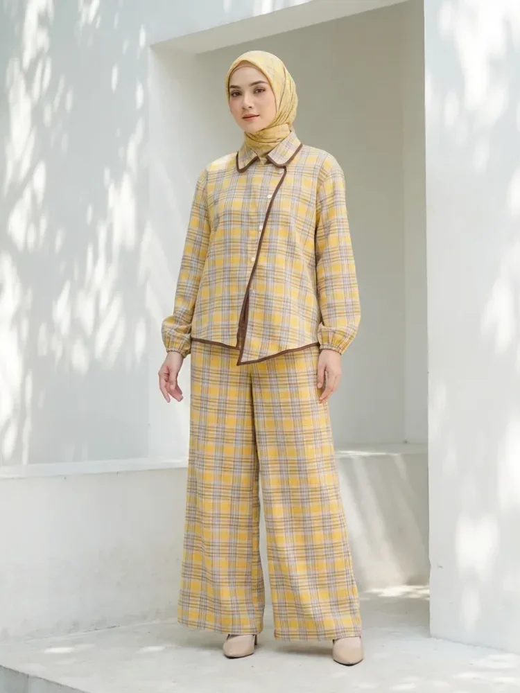 ASAYA Atasan kemeja lengan panjang wanita dengan desain tepi tidak beraturan, motif kotak-kotak, santai, longgar, modis, dipadukan dengan celana kulot