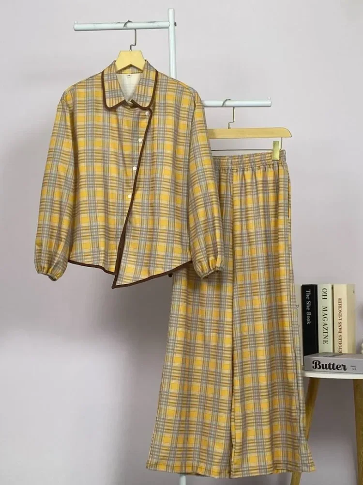 ASAYA Atasan kemeja lengan panjang wanita dengan desain tepi tidak beraturan, motif kotak-kotak, santai, longgar, modis, dipadukan dengan celana kulot