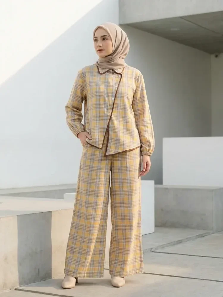 ASAYA Atasan kemeja lengan panjang wanita dengan desain tepi tidak beraturan, motif kotak-kotak, santai, longgar, modis, dipadukan dengan celana kulot
