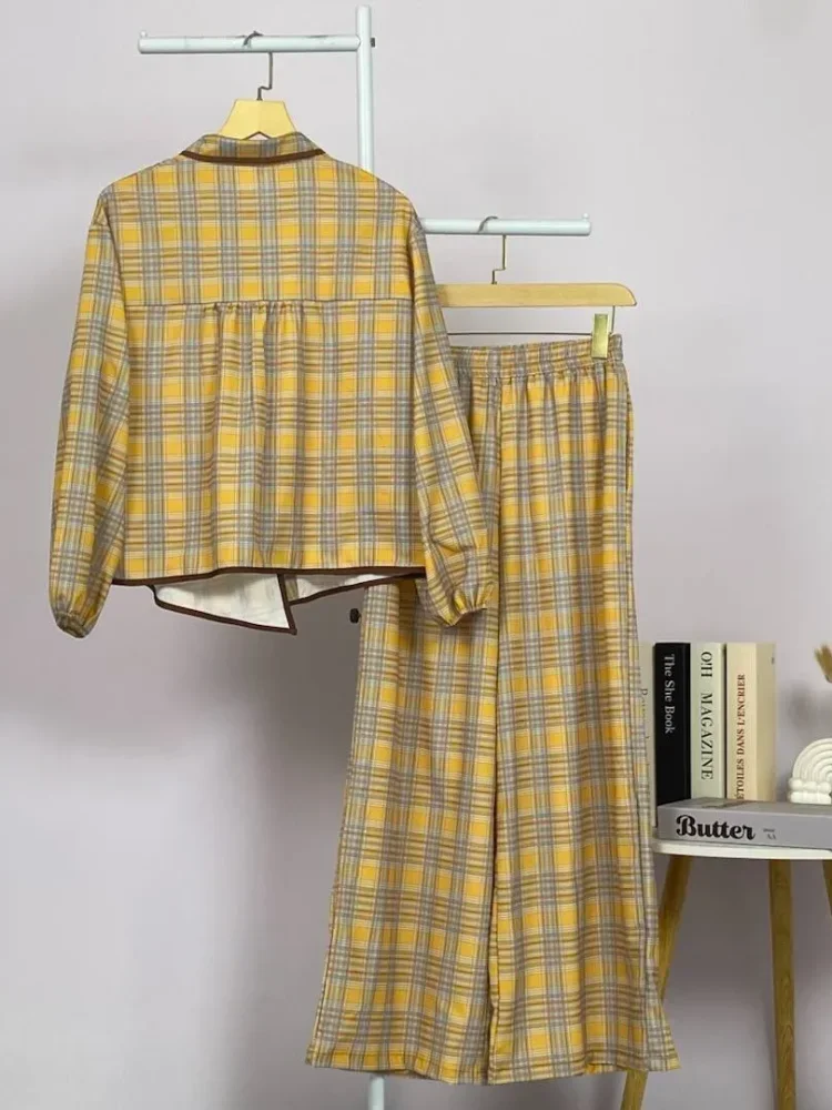 ASAYA Atasan kemeja lengan panjang wanita dengan desain tepi tidak beraturan, motif kotak-kotak, santai, longgar, modis, dipadukan dengan celana kulot