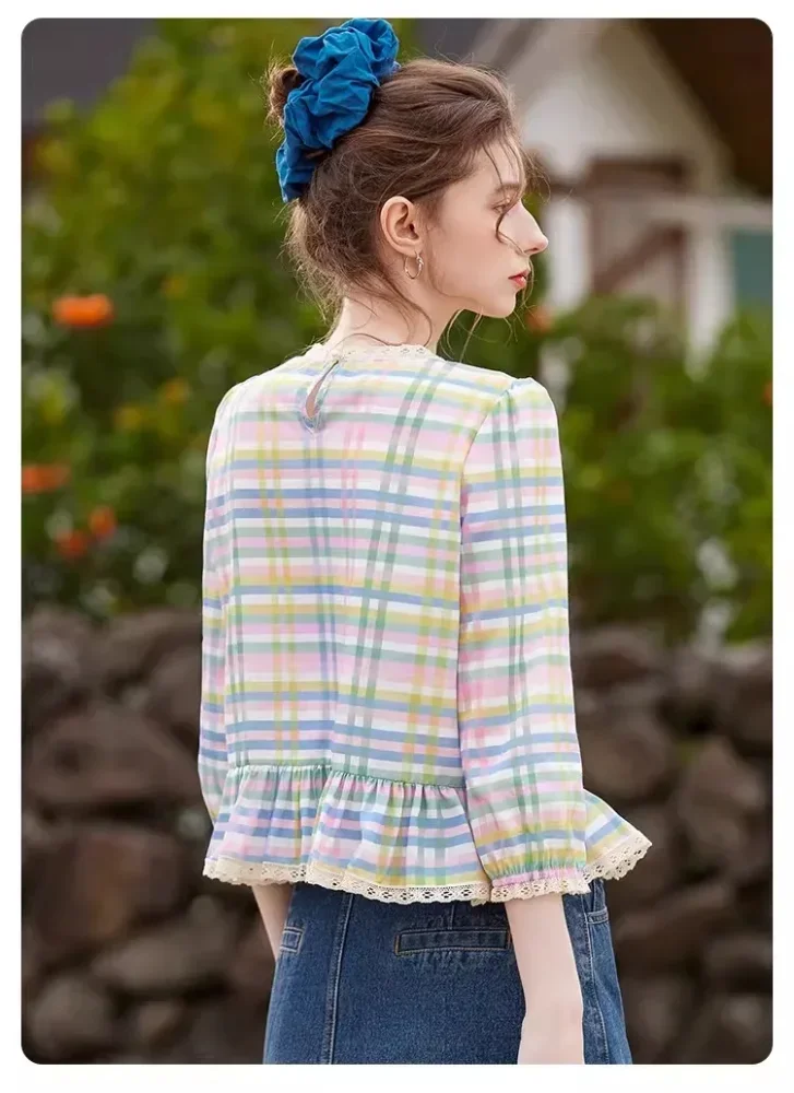 [READY STOCK]CHICMORE Atasan kemeja kotak-kotak longgar bergaya retro cantik untuk wanita
