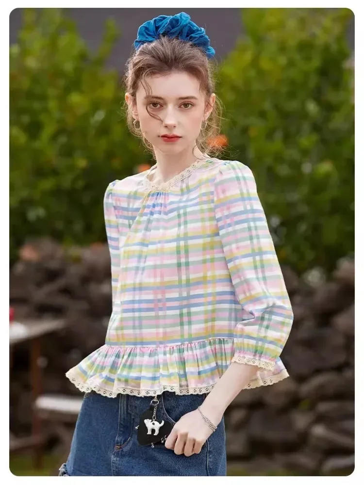 [READY STOCK]CHICMORE Atasan kemeja kotak-kotak longgar bergaya retro cantik untuk wanita