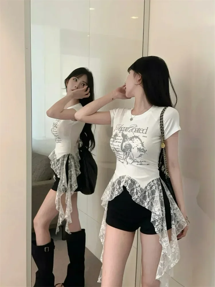 CHICMORE Atasan kaos modis lengan pendek model tidak beraturan untuk wanita
