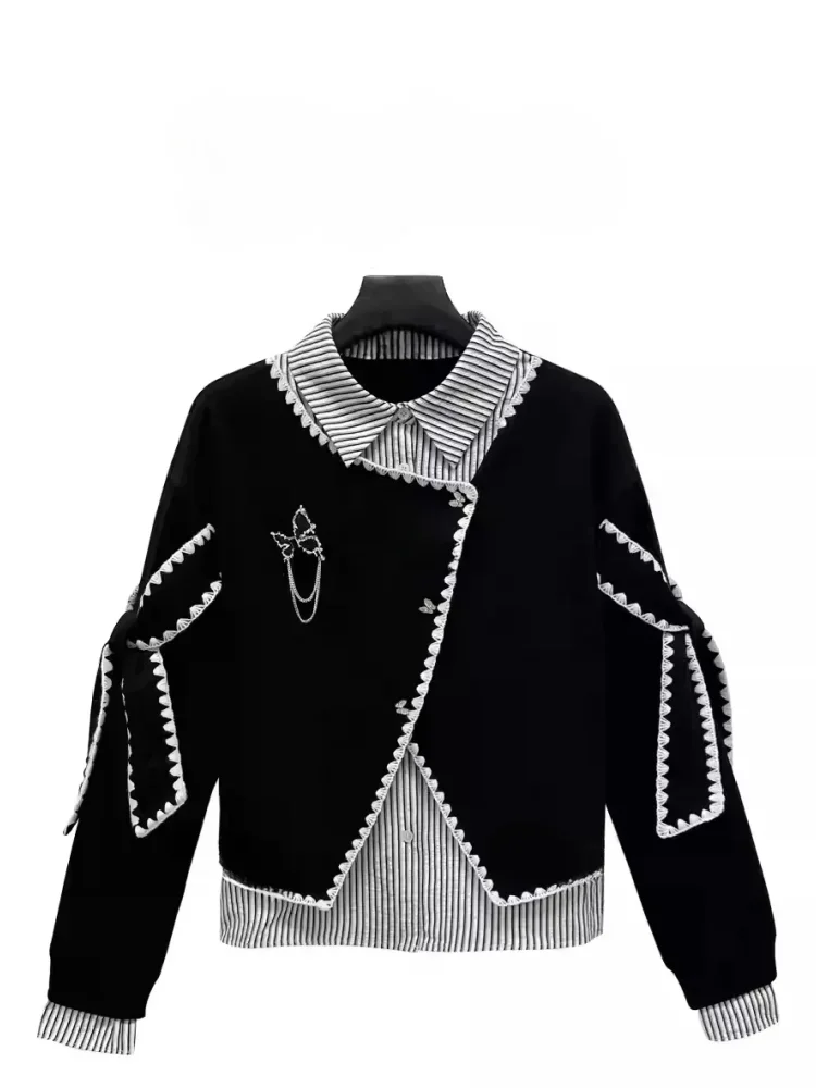 CHICMORE Atasan kemeja bergaris model sweter lengan panjang dengan kupu-kupu cantik untuk wanita