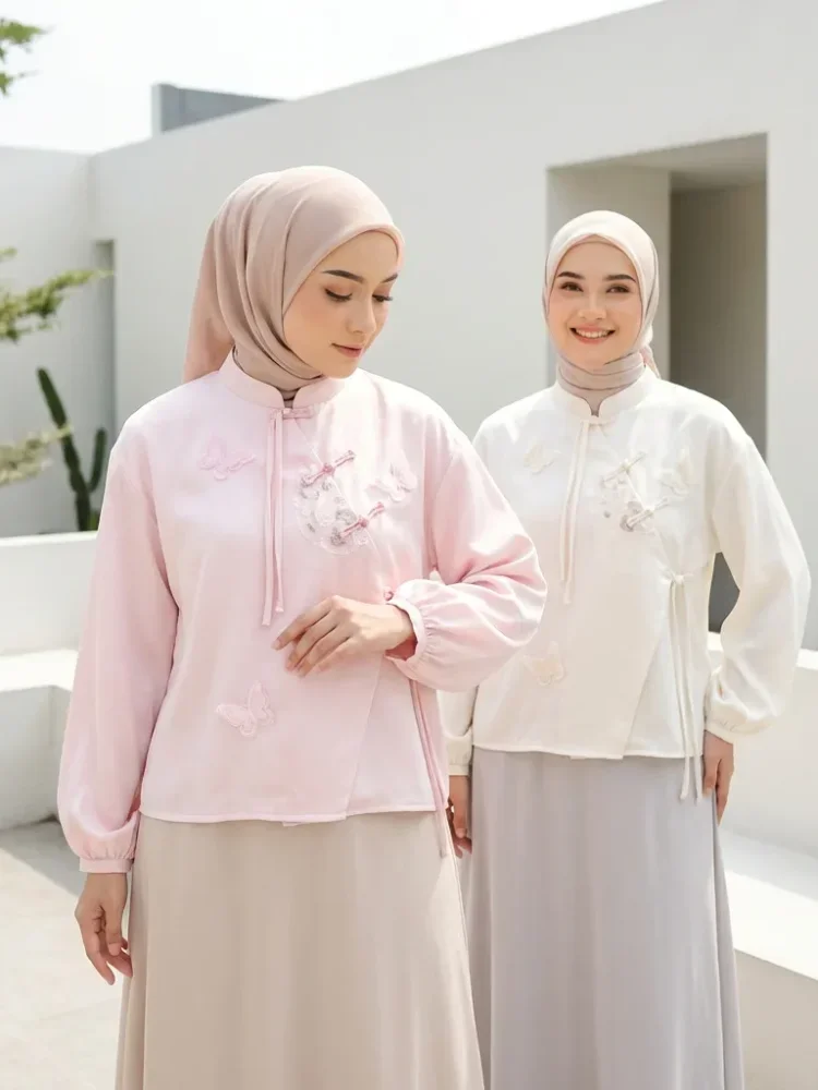 [DISKON KILAT]FADFAD Atasan lengan panjang bergaya dan longgar dengan bordir kupu-kupu.