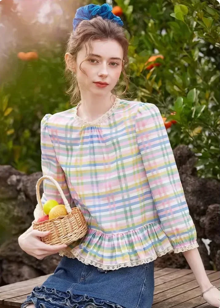 [READY STOCK]CHICMORE Atasan kemeja kotak-kotak longgar bergaya retro cantik untuk wanita