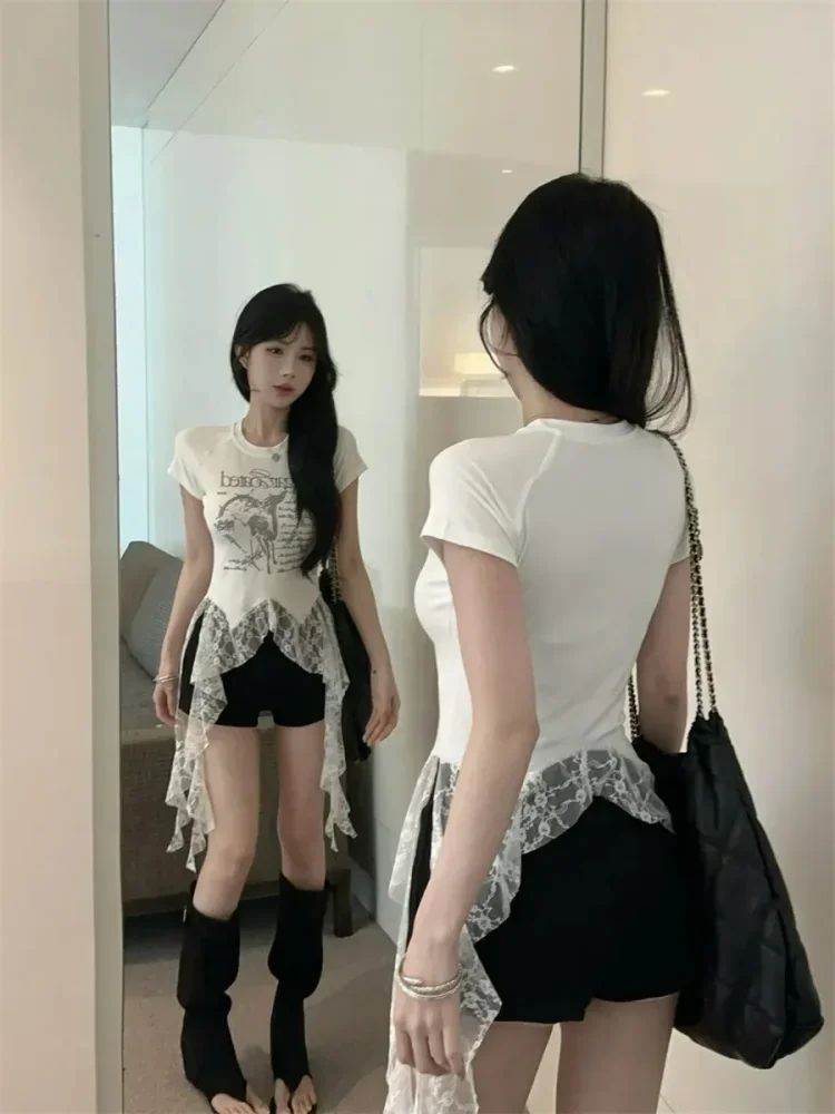 CHICMORE Atasan kaos modis lengan pendek model tidak beraturan untuk wanita