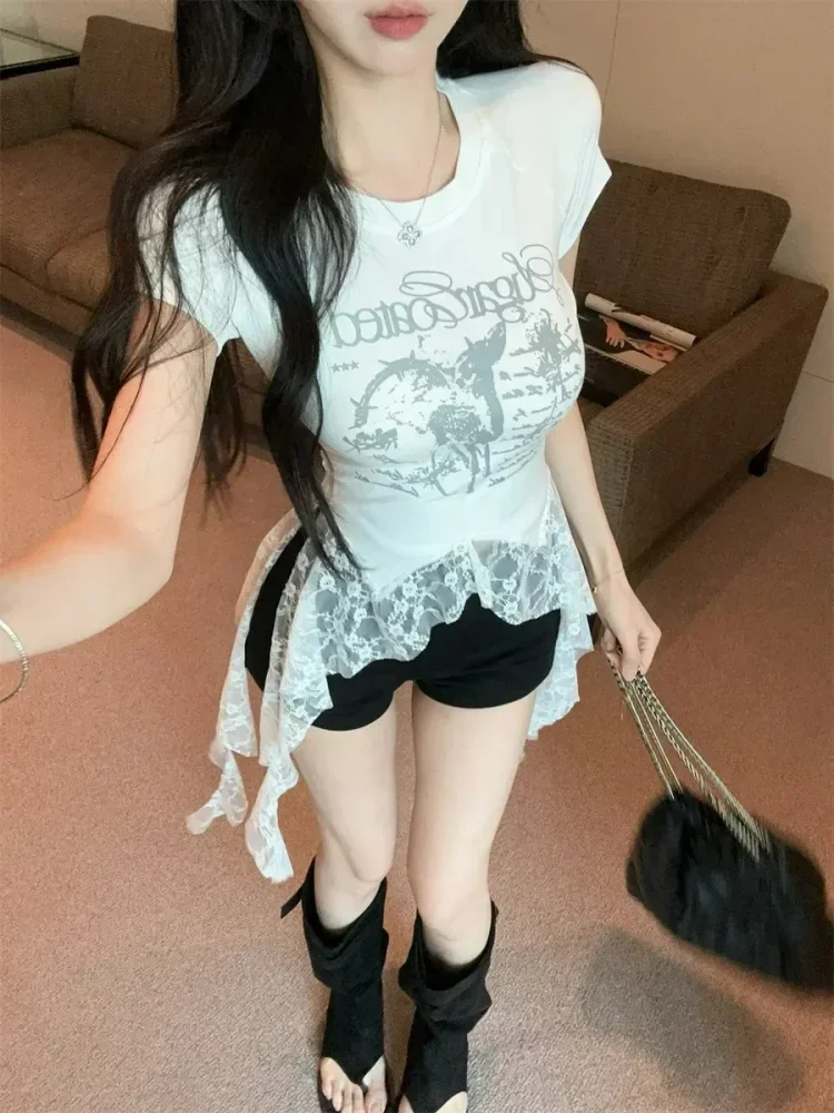 CHICMORE Atasan kaos modis lengan pendek model tidak beraturan untuk wanita