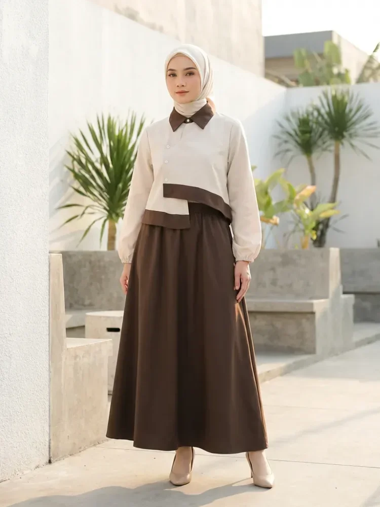 [READY STOCK]ASAYA Setelan dua potong dipadukan dengan kemeja lengan panjang bergaya unik, dengan kerah dan bagian bawah yang tidak beraturan, dipadukan dengan rok polos