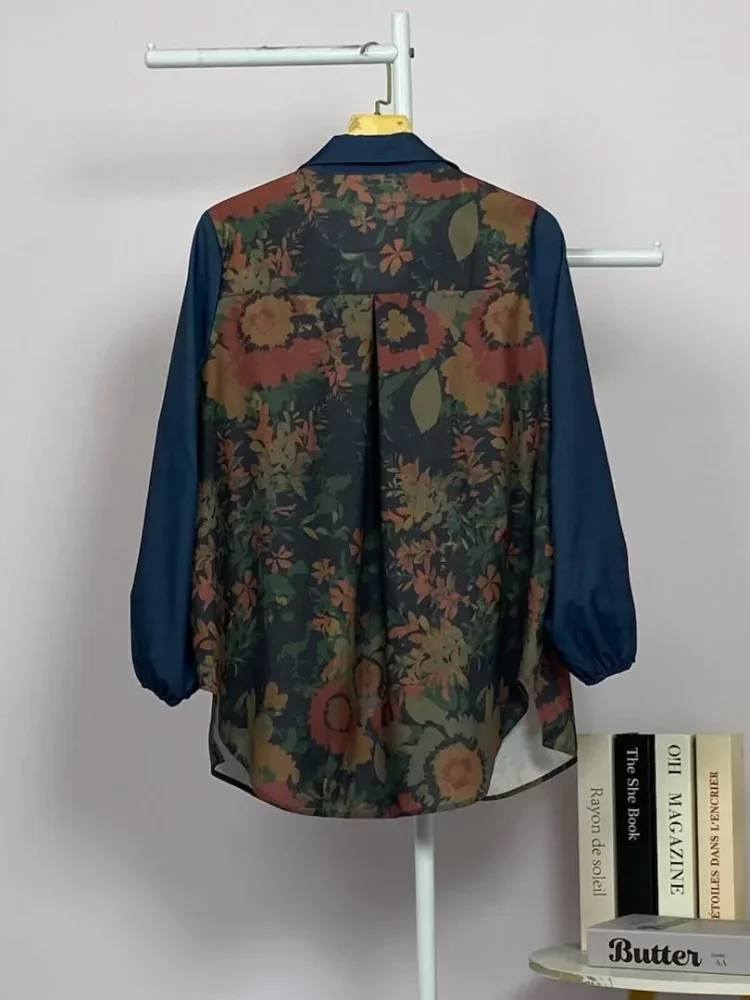 ASAYA Atasan gaya retro kerah v model longgar motif cetak untuk wanita